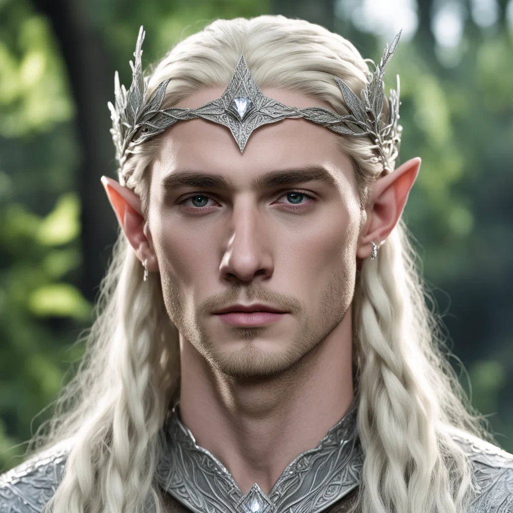 aiking thranduil with blond hair and braids wearing silver poplar leaf elvish circlet encrusted with diamonds with large center diamond  amazing awesome portrait 2