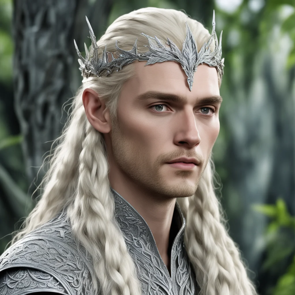 aiking thranduil with blond hair and braids wearing silver poplar leaf elvish circlet encrusted with diamonds with large center diamond  good looking trending fantastic 1