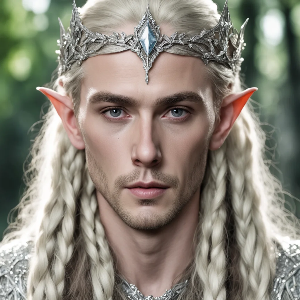king thranduil with blond hair and braids wearing silver poplar leaf elvish circlet encrusted with diamonds with large center diamond 