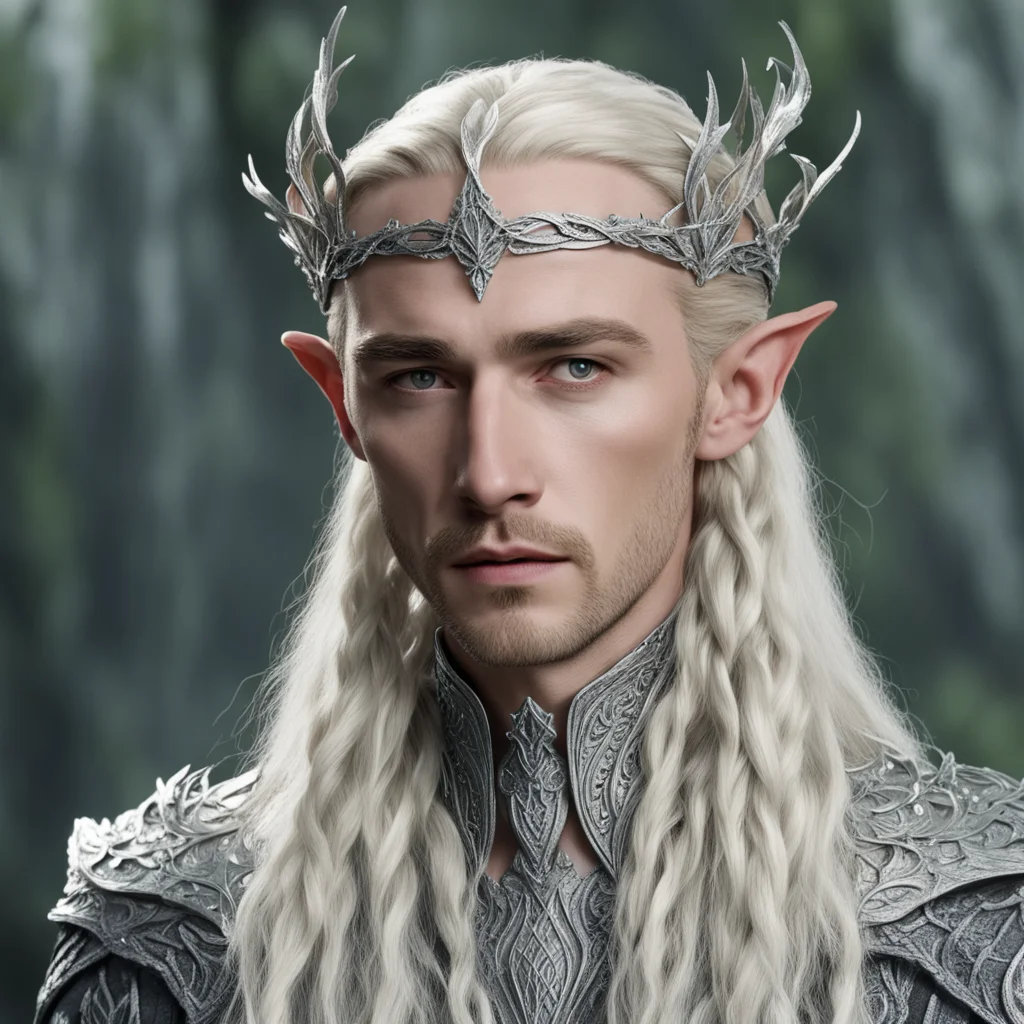 aiking thranduil with blond hair and braids wearing silver poplar leaf elvish circlet encrusted with diamonds with large center diamond amazing awesome portrait 2