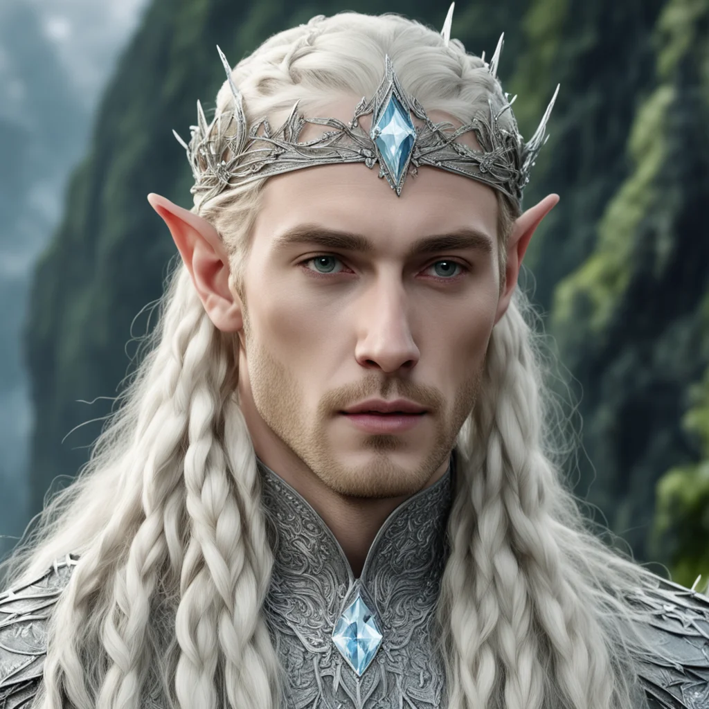 aiking thranduil with blond hair and braids wearing silver poplar leaf elvish circlet encrusted with diamonds with large center diamond good looking trending fantastic 1