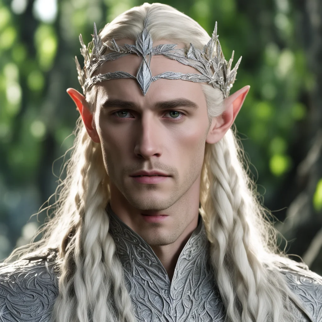 aiking thranduil with blond hair and braids wearing silver poplar leaf elvish circlet encrusted with diamonds with large center diamond
