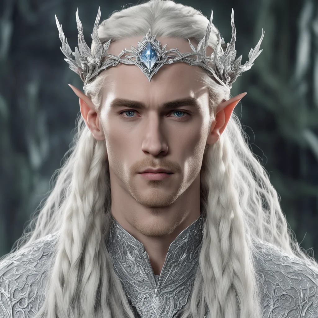 aiking thranduil with blond hair and braids wearing silver rose blossoms silver elvish circlet encrusted with diamonds with large center diamond