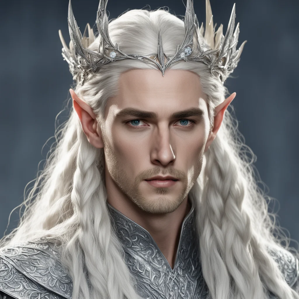 aiking thranduil with blond hair and braids wearing silver rose petals silver elvish circlet encrusted with diamonds with large center diamond  amazing awesome portrait 2