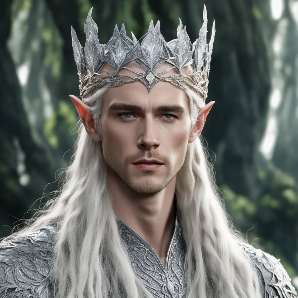 aiking thranduil with blond hair and braids wearing silver rose petals silver elvish circlet encrusted with diamonds with large center diamond  confident engaging wow artstation art 3