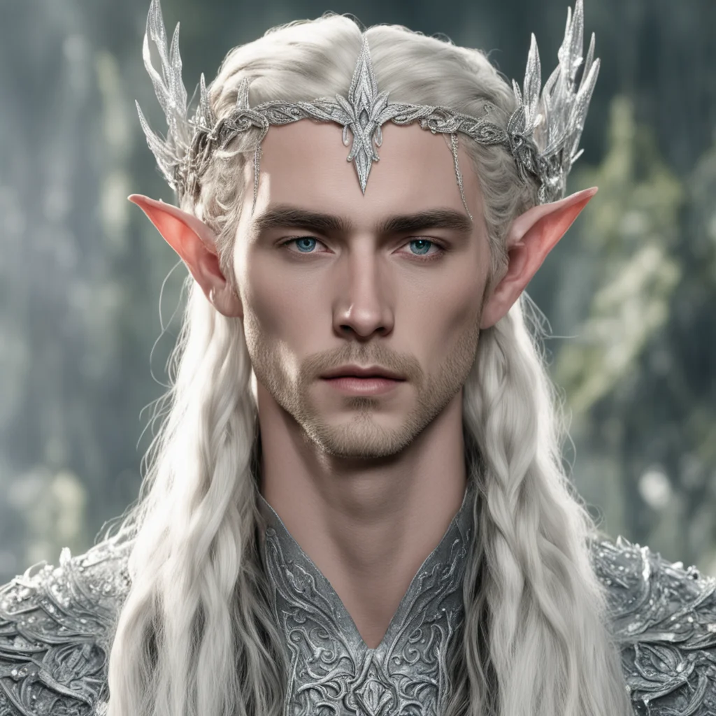 aiking thranduil with blond hair and braids wearing silver rose petals silver elvish circlet encrusted with diamonds with large center diamond  good looking trending fantastic 1
