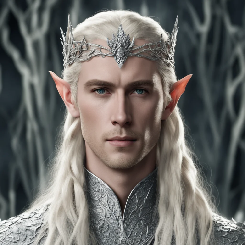 aiking thranduil with blond hair and braids wearing silver rose petals silver elvish circlet encrusted with diamonds with large center diamond 