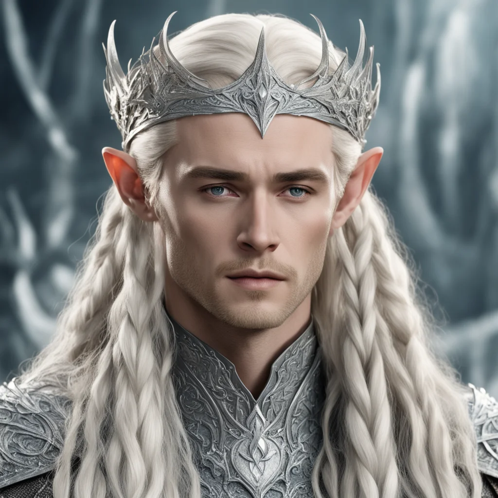 king thranduil with blond hair and braids wearing silver rose silver elvish circlet encrusted with diamonds with large center diamond good looking trending fantastic 1