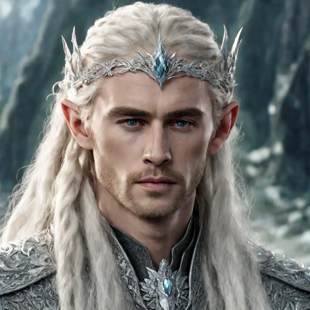 king thranduil with blond hair and braids wearing silver rose silver elvish circlet encrusted with diamonds with large center diamond