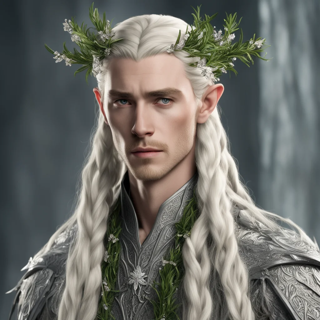 aiking thranduil with blond hair and braids wearing silver rosemary branches with diamond flowers in hair amazing awesome portrait 2