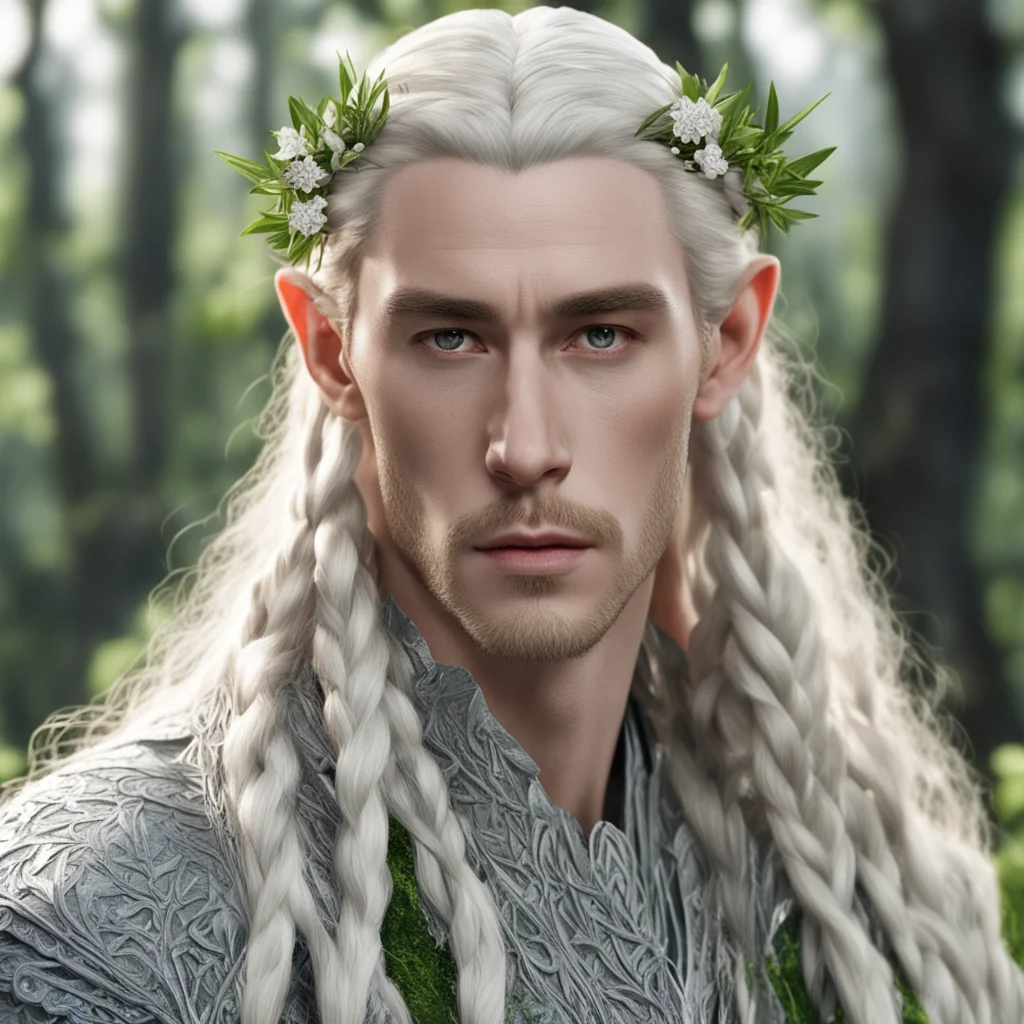 king thranduil with blond hair and braids wearing silver rosemary branches with diamond flowers in hair confident engaging wow artstation art 3