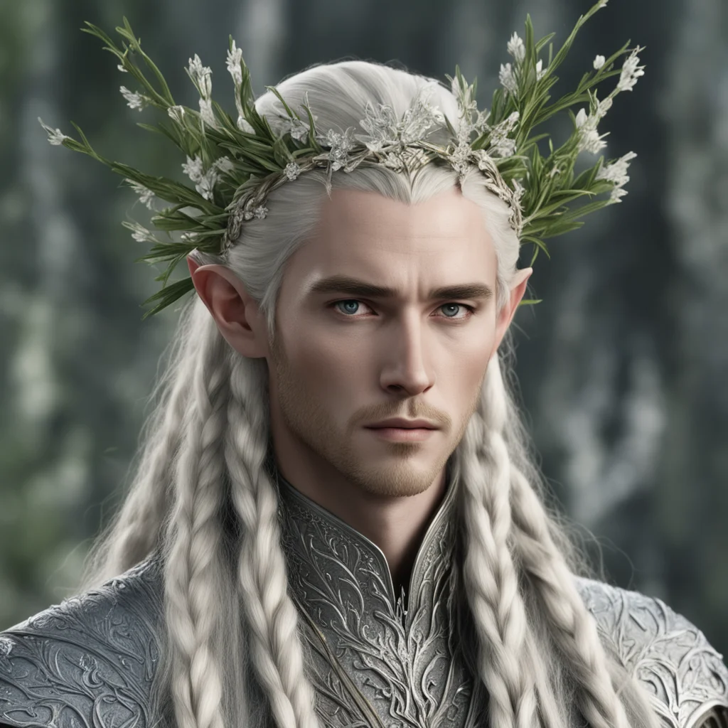 aiking thranduil with blond hair and braids wearing silver rosemary branches with diamond flowers in hair