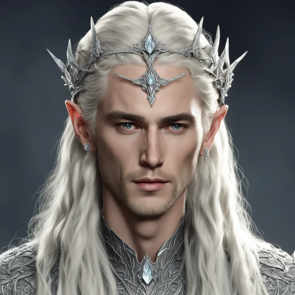king thranduil with blond hair and braids wearing silver roses encrusted with diamonds to form a silver elvish circlet with large center diamond amazing awesome portrait 2
