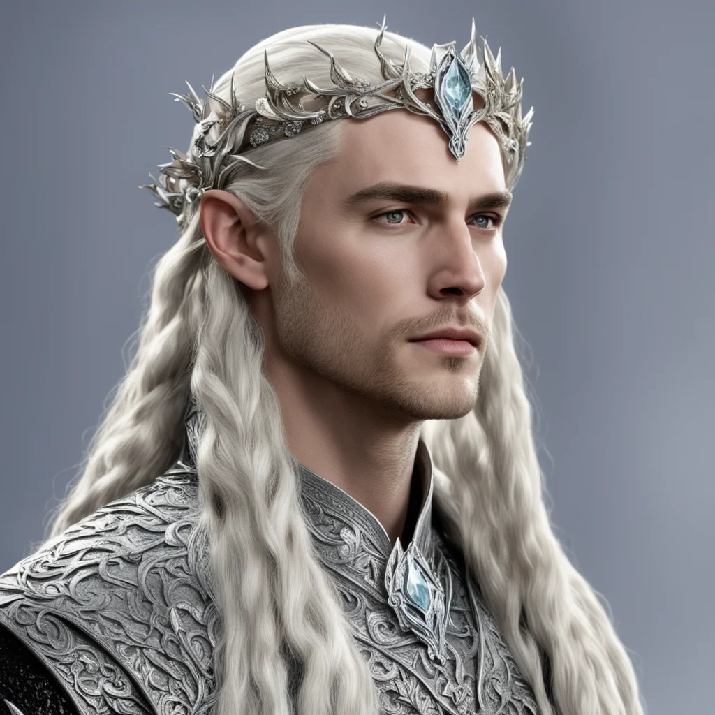 aiking thranduil with blond hair and braids wearing silver roses encrusted with diamonds to form a silver elvish circlet with large center diamond confident engaging wow artstation art 3