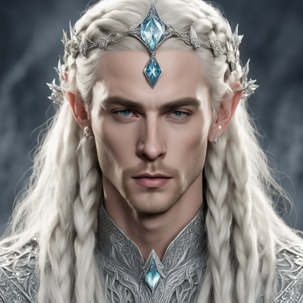 aiking thranduil with blond hair and braids wearing silver roses encrusted with diamonds to form a silver elvish circlet with large center diamond good looking trending fantastic 1