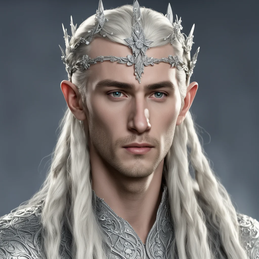 king thranduil with blond hair and braids wearing silver roses encrusted with diamonds to form a silver elvish circlet with large center diamond