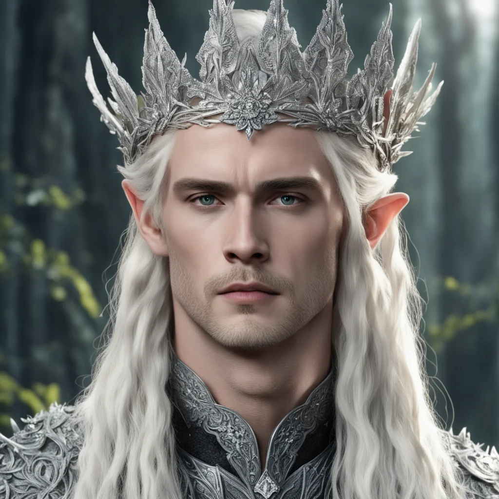 aiking thranduil with blond hair and braids wearing silver roses encrusted with diamonds to form a silver elvish coronet with large center diamond amazing awesome portrait 2