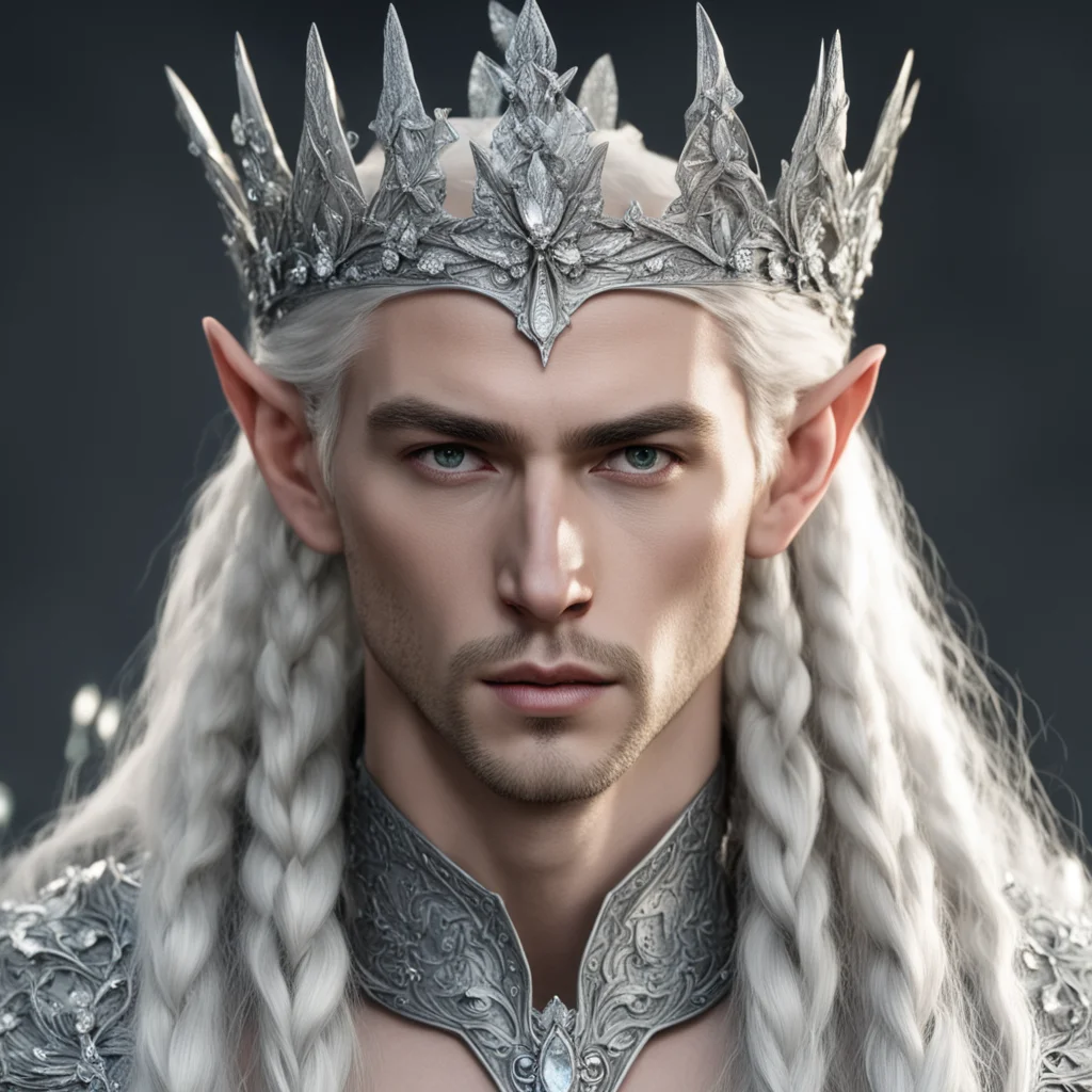 aiking thranduil with blond hair and braids wearing silver roses encrusted with diamonds to form a silver elvish coronet with large center diamond confident engaging wow artstation art 3