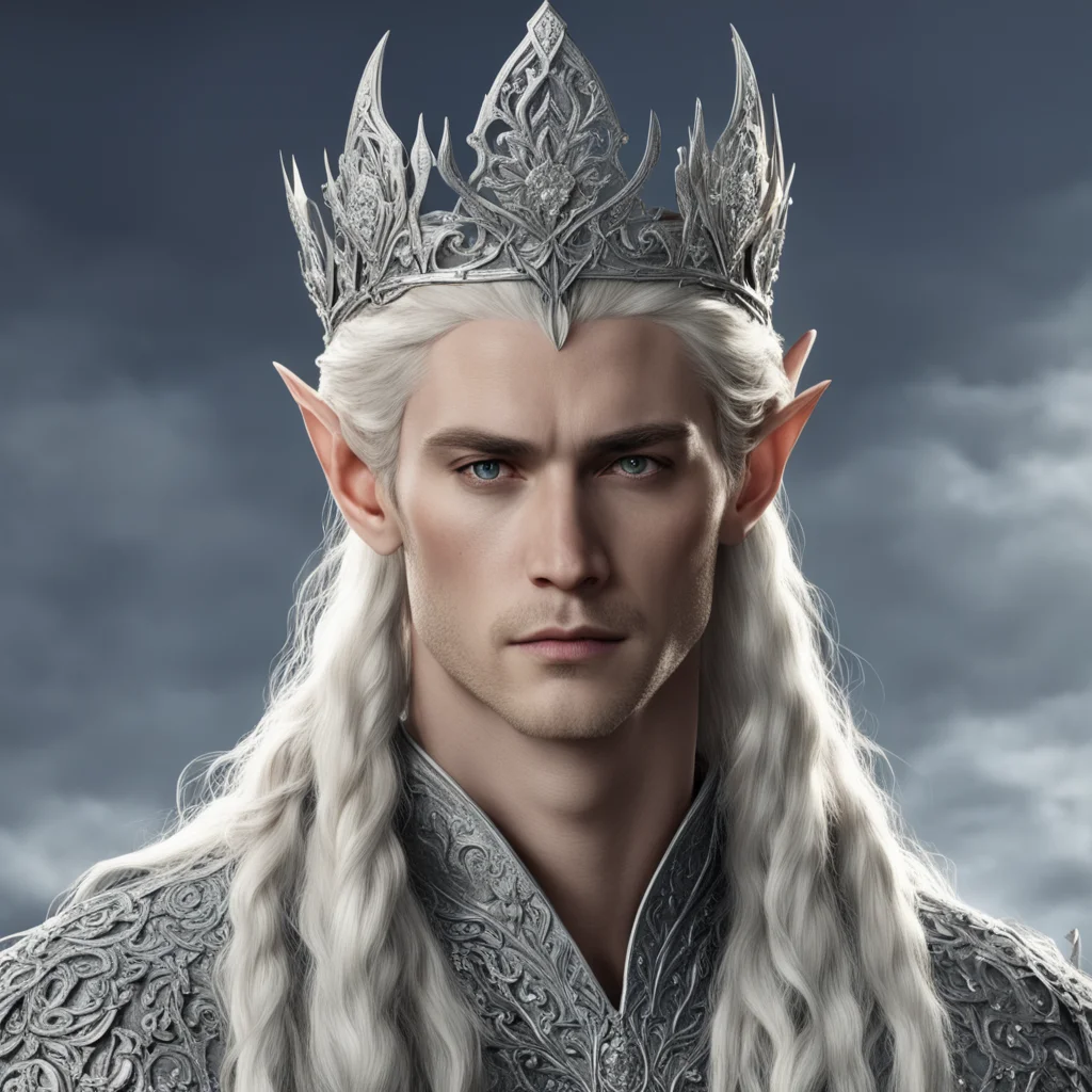 aiking thranduil with blond hair and braids wearing silver roses encrusted with diamonds to form a silver elvish coronet with large center diamond good looking trending fantastic 1