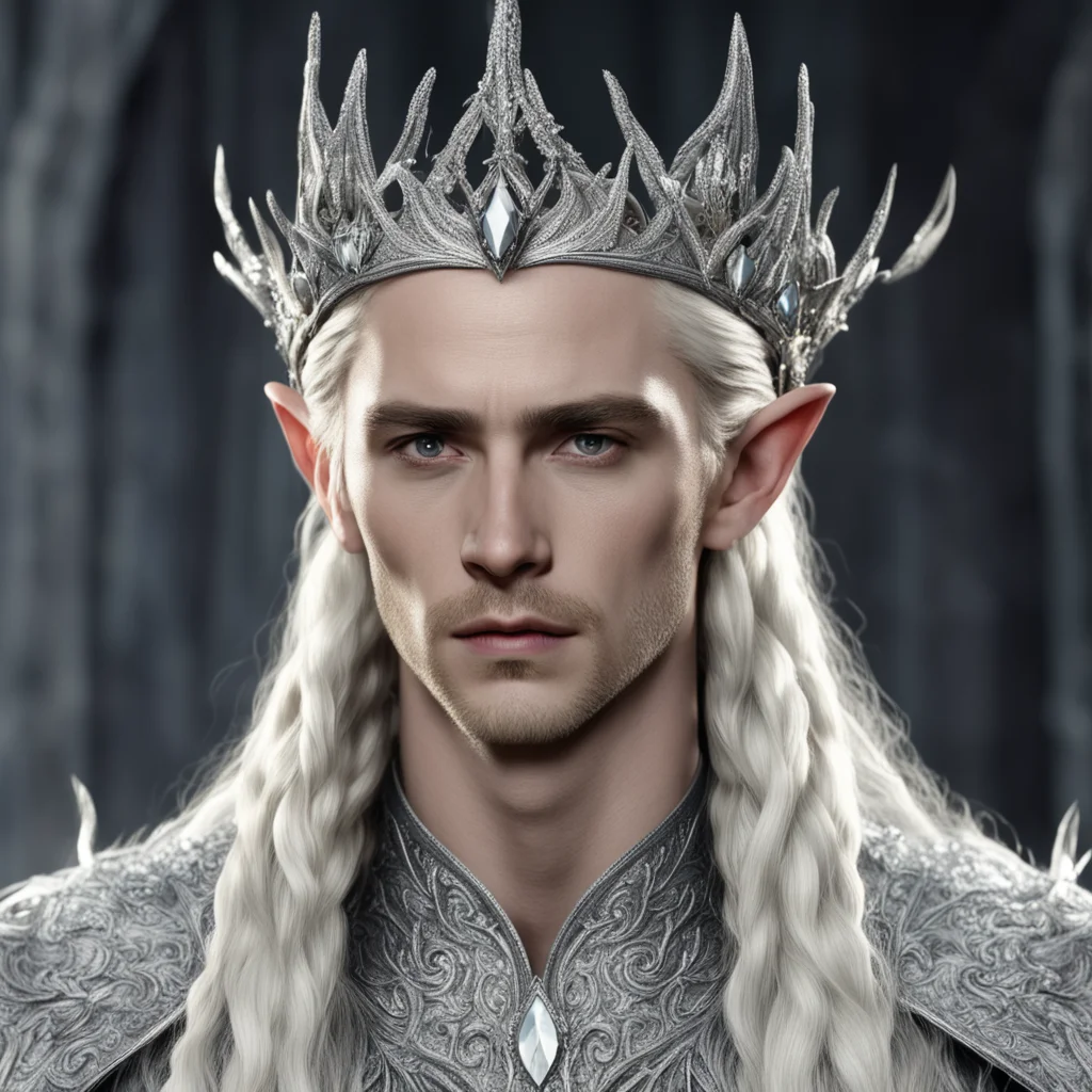 aiking thranduil with blond hair and braids wearing silver roses encrusted with diamonds to form a silver elvish coronet with large center diamond