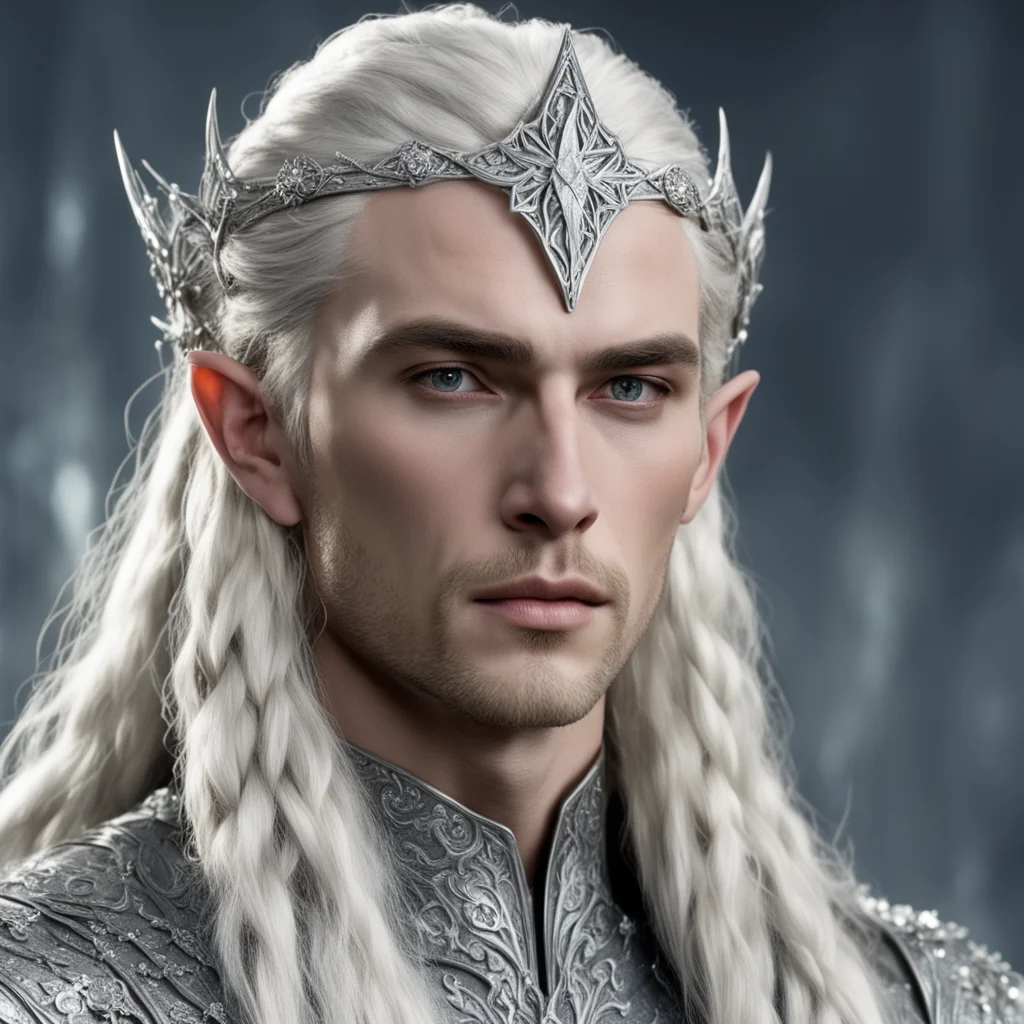 aiking thranduil with blond hair and braids wearing silver rosettes encrusted with diamonds to form silver elvish circlet with large center diamond  amazing awesome portrait 2