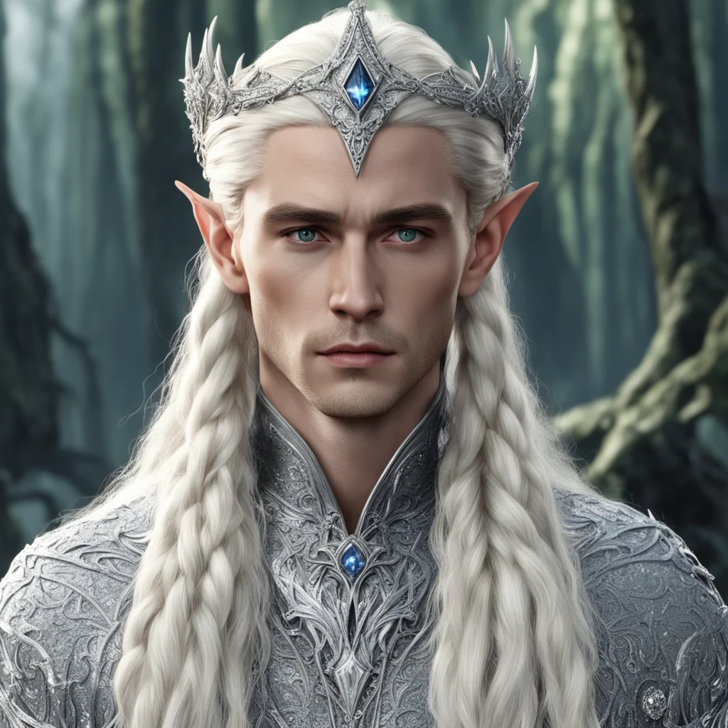 aiking thranduil with blond hair and braids wearing silver rosettes encrusted with diamonds to form silver elvish circlet with large center diamond  confident engaging wow artstation art 3