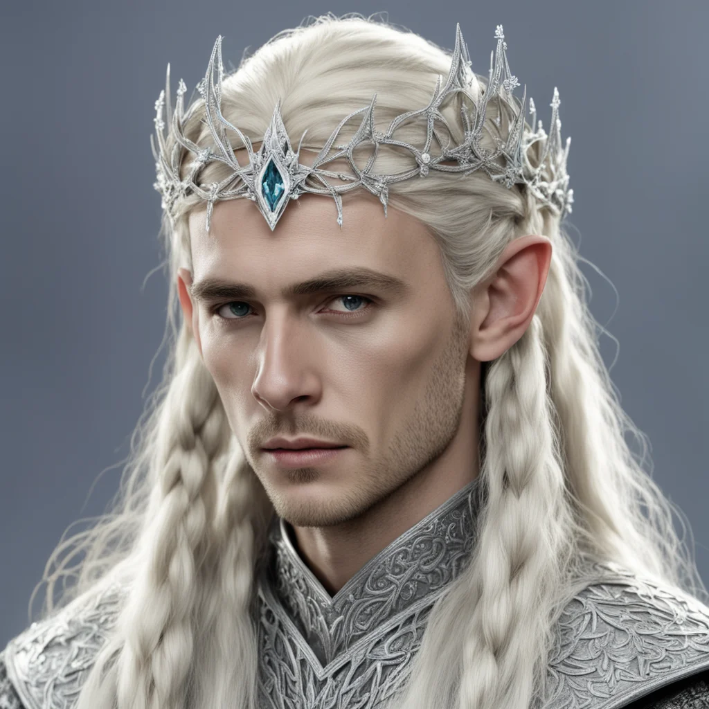 aiking thranduil with blond hair and braids wearing silver rosettes encrusted with diamonds to form silver elvish circlet with large center diamond  good looking trending fantastic 1