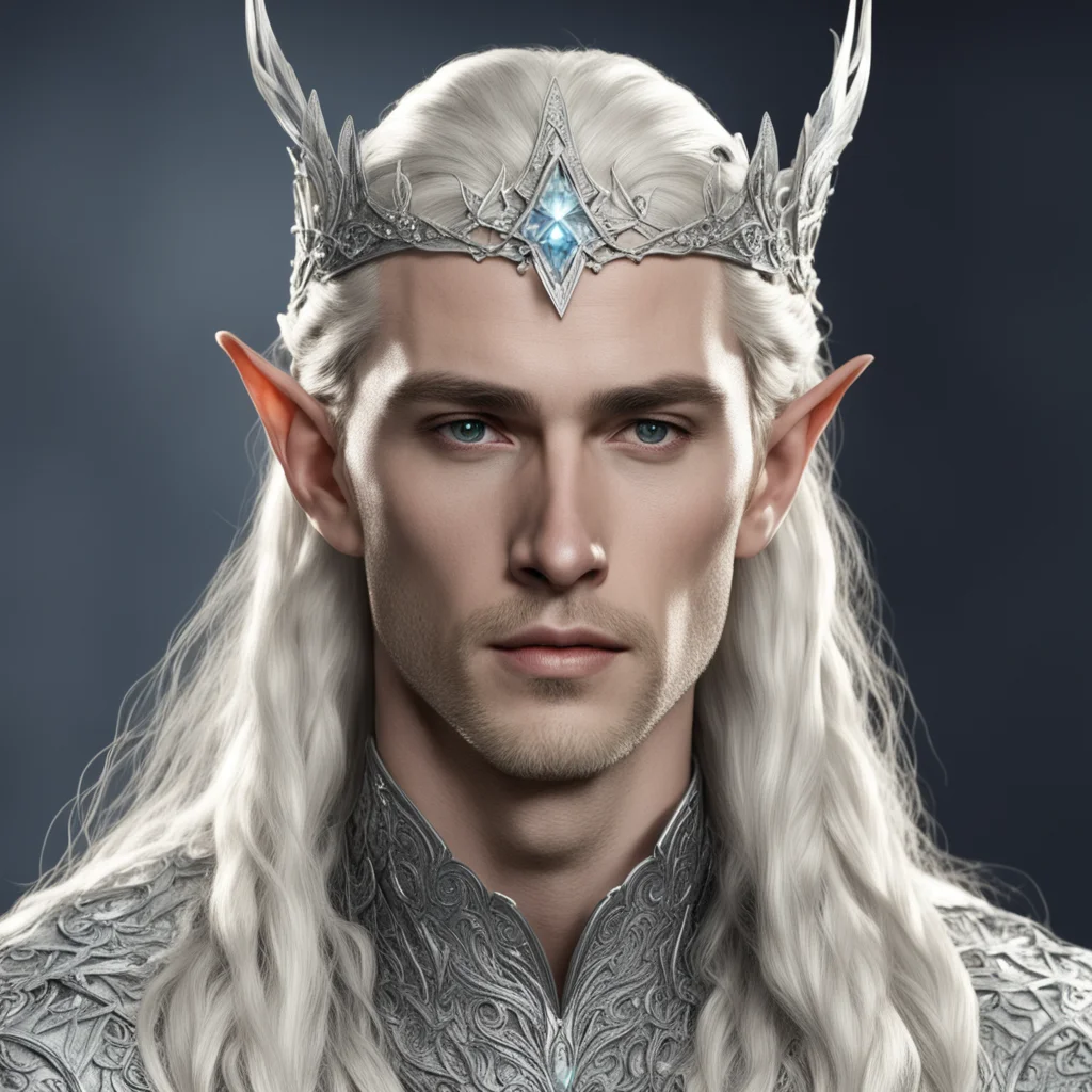 king thranduil with blond hair and braids wearing silver rosettes encrusted with diamonds to form silver elvish circlet with large center diamond 