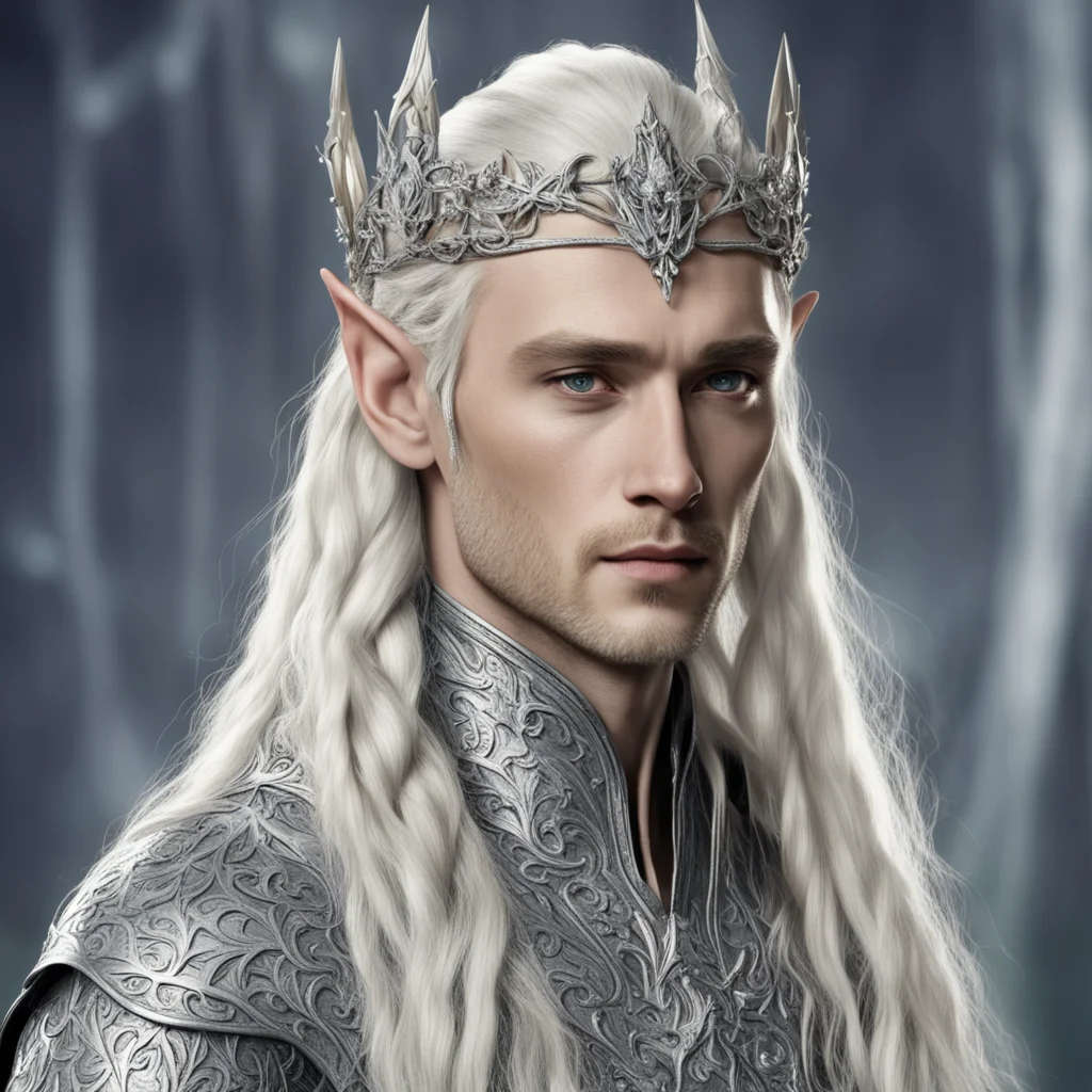 aiking thranduil with blond hair and braids wearing silver rosettes silver elvish circlet encrusted with diamonds  amazing awesome portrait 2