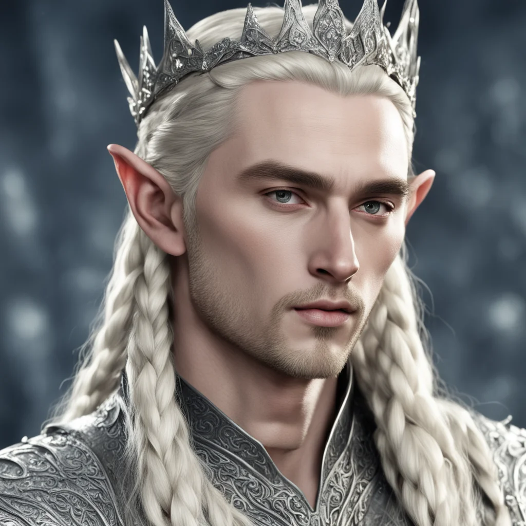 aiking thranduil with blond hair and braids wearing silver rosettes silver elvish circlet encrusted with diamonds  good looking trending fantastic 1