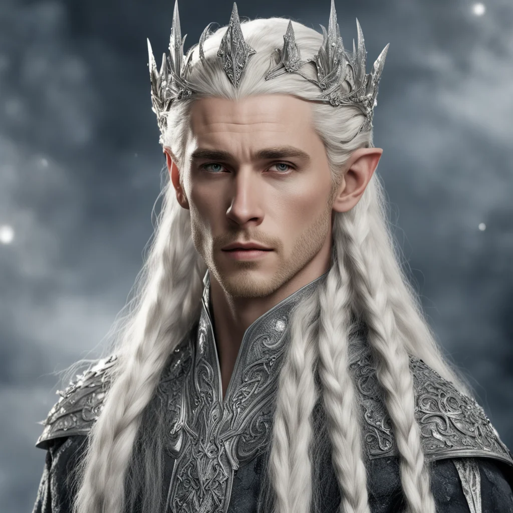 king thranduil with blond hair and braids wearing silver rosettes silver elvish circlet encrusted with diamonds 