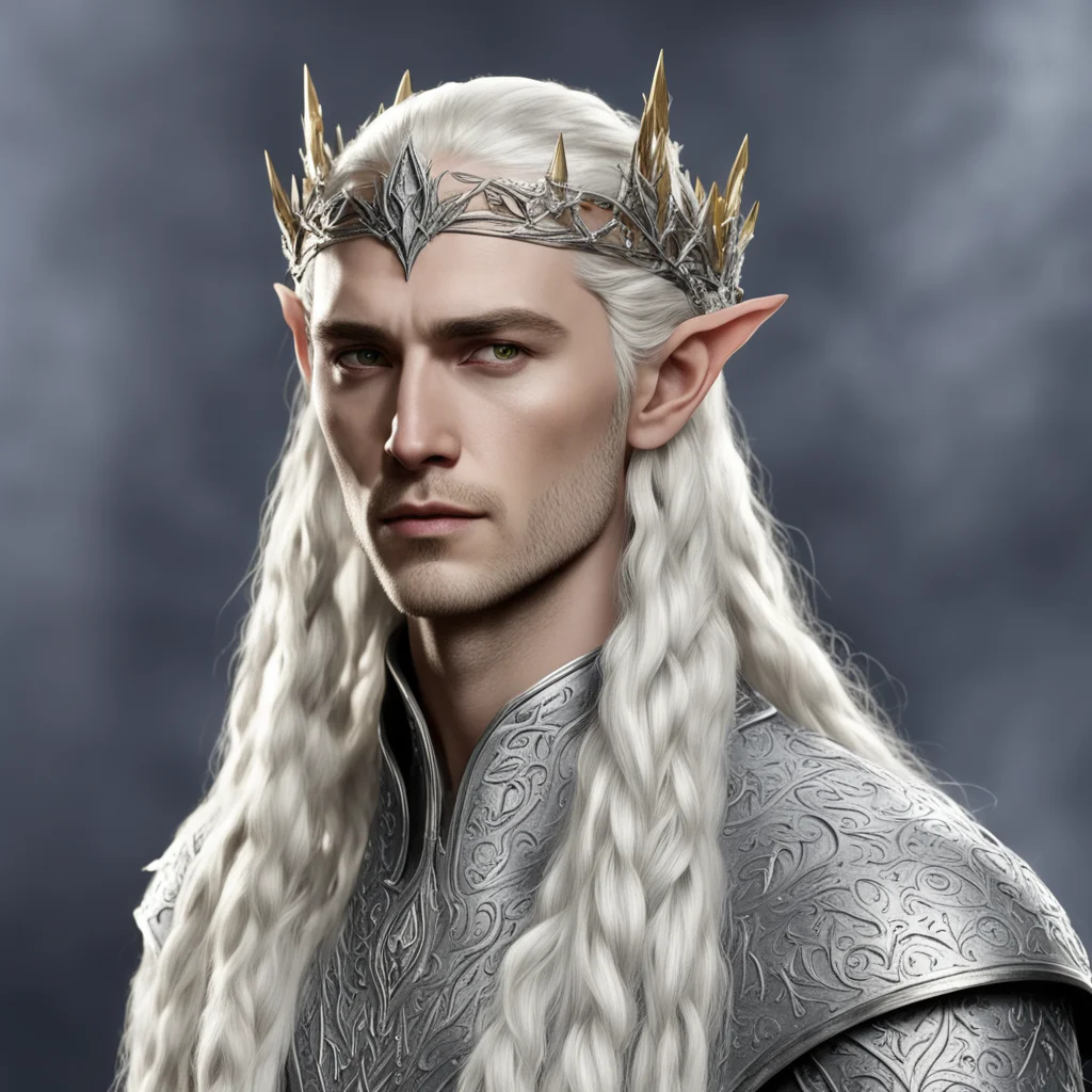 aiking thranduil with blond hair and braids wearing silver rosettes studded with diamonds on silver elvish circlet good looking trending fantastic 1