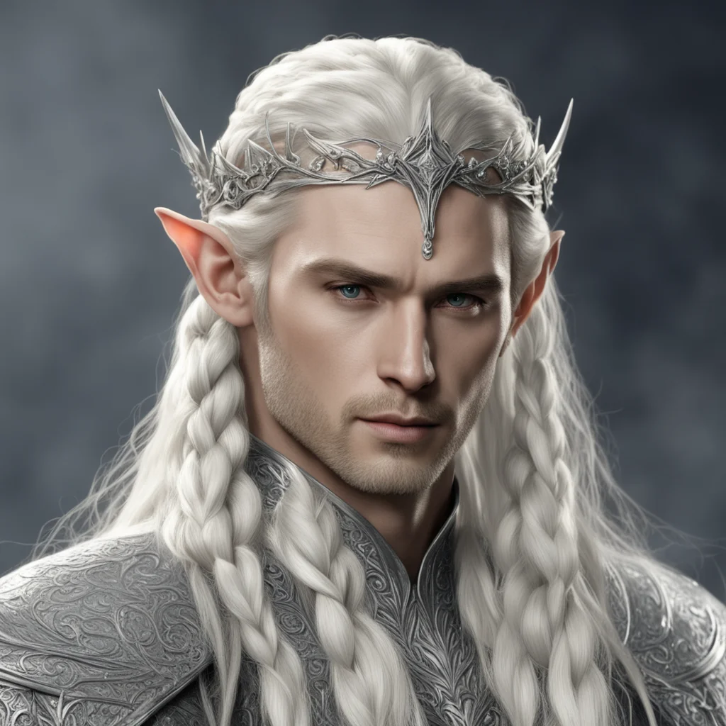 aiking thranduil with blond hair and braids wearing silver rosettes studded with diamonds on silver elvish circlet