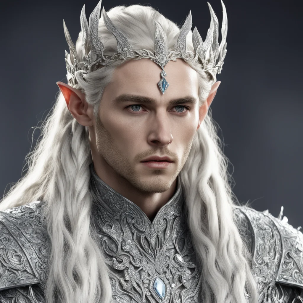 aiking thranduil with blond hair and braids wearing silver rosettes with diamonds silver elvish circlet encrusted with diamonds with large center diamond  amazing awesome portrait 2