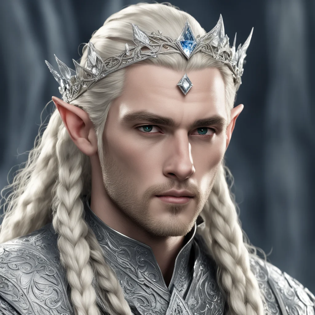 aiking thranduil with blond hair and braids wearing silver rosettes with diamonds silver elvish circlet encrusted with diamonds with large center diamond  confident engaging wow artstation art 3