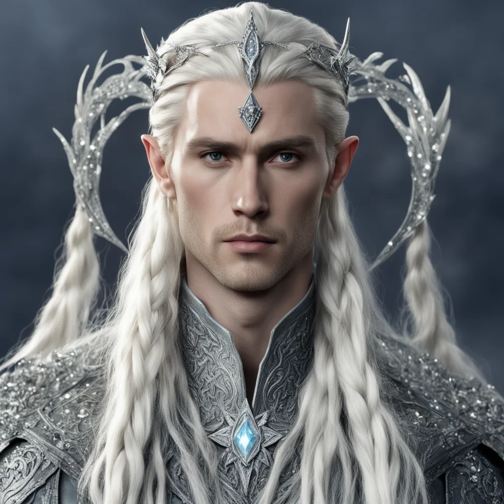 king thranduil with blond hair and braids wearing silver rosettes with diamonds silver elvish circlet encrusted with diamonds with large center diamond  good looking trending fantastic 1