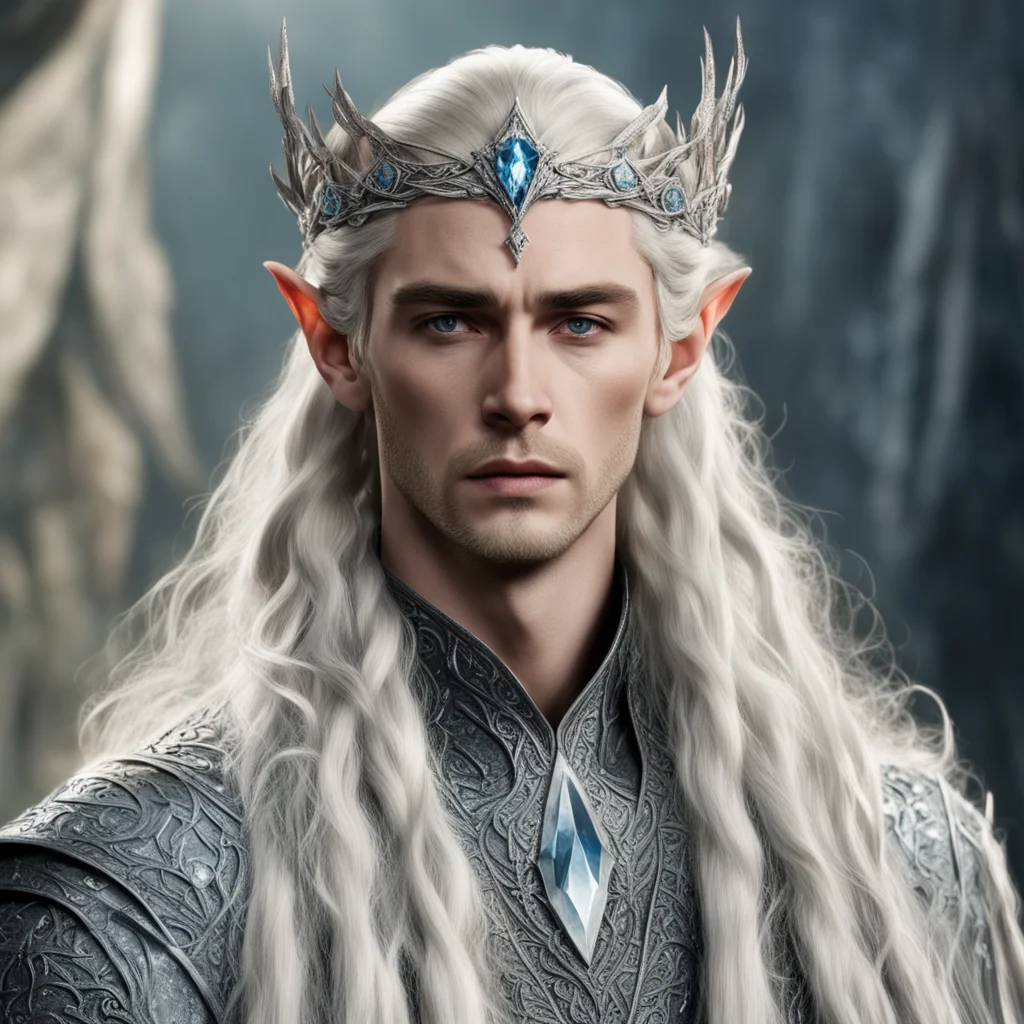 king thranduil with blond hair and braids wearing silver rosettes with diamonds silver elvish circlet encrusted with diamonds with large center diamond 