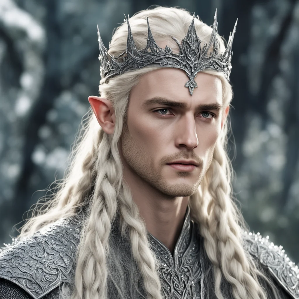 aiking thranduil with blond hair and braids wearing silver rustic elvish crown encrusted with diamonds amazing awesome portrait 2