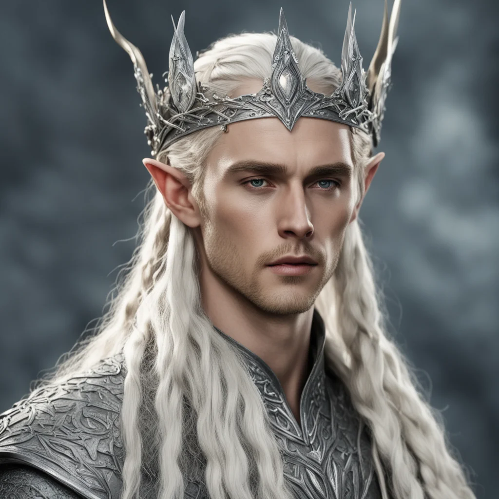 aiking thranduil with blond hair and braids wearing silver rustic elvish crown encrusted with diamonds