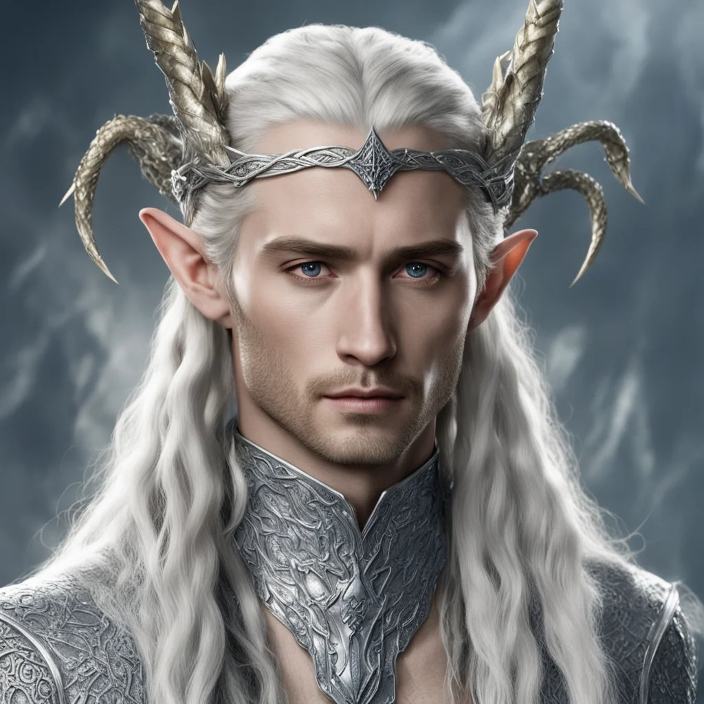 aiking thranduil with blond hair and braids wearing silver scaly snakes with diamonds intertwined to form silver elvish circlet with large center diamond amazing awesome portrait 2
