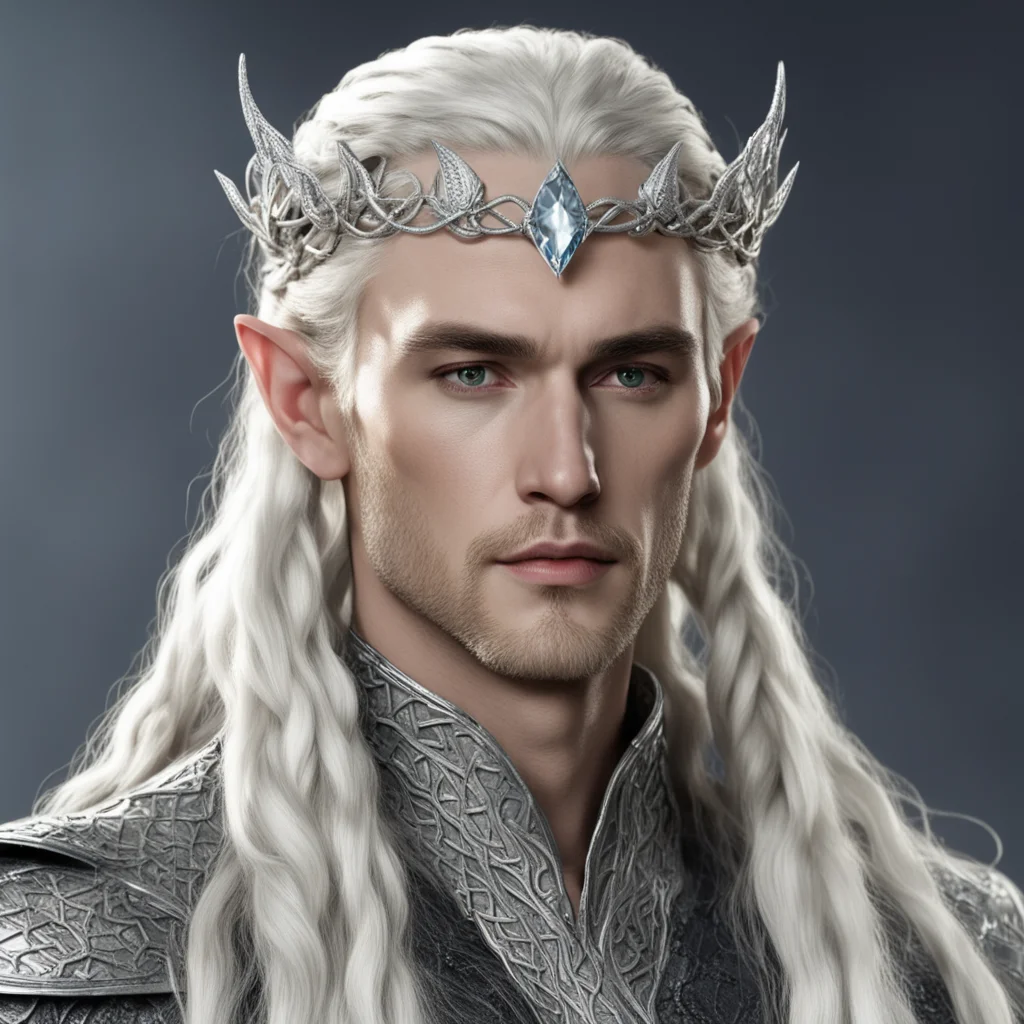 aiking thranduil with blond hair and braids wearing silver scaly snakes with diamonds intertwined to form silver elvish circlet with large center diamond confident engaging wow artstation art 3