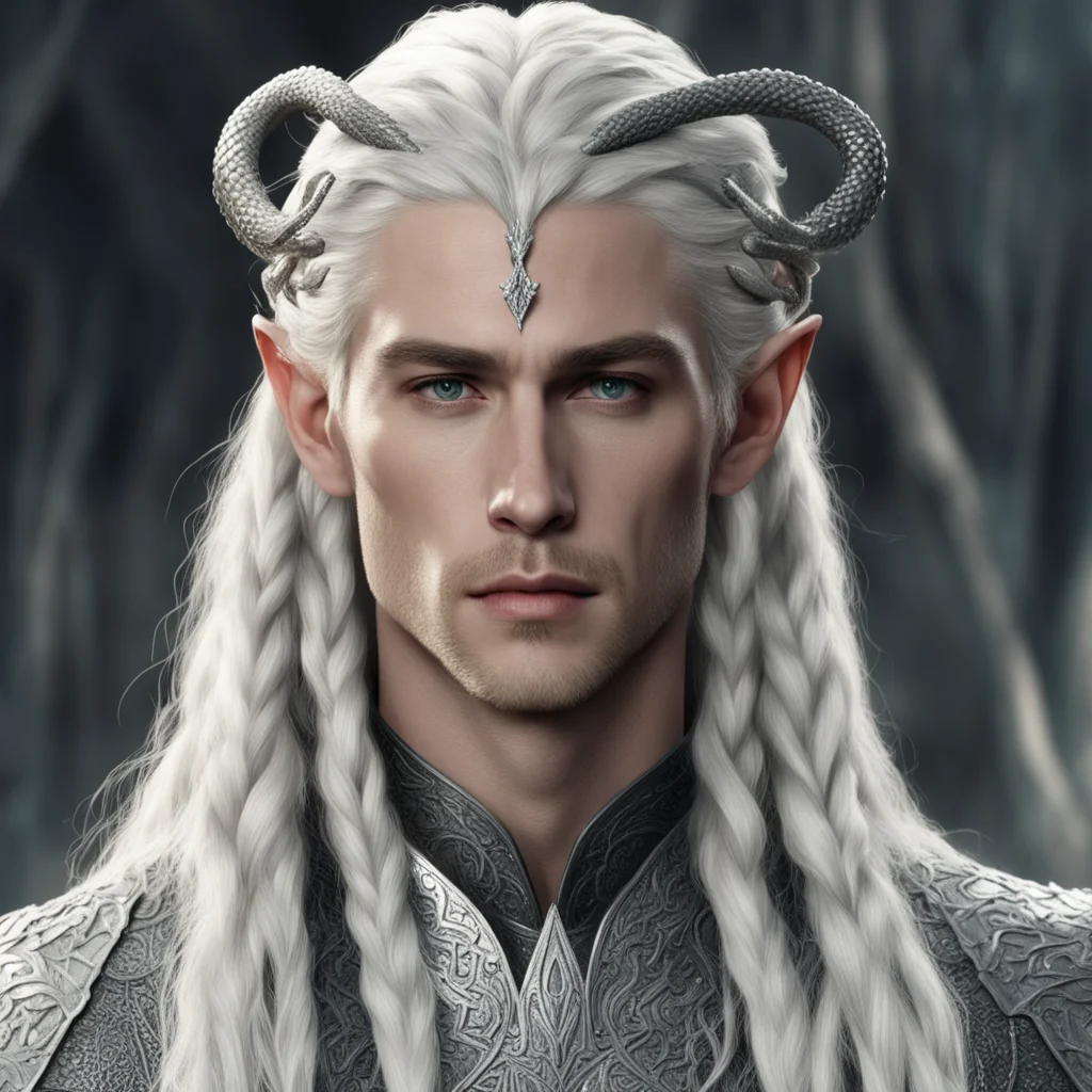 king thranduil with blond hair and braids wearing silver scaly snakes with diamonds intertwined to form silver elvish circlet with large center diamond good looking trending fantastic 1