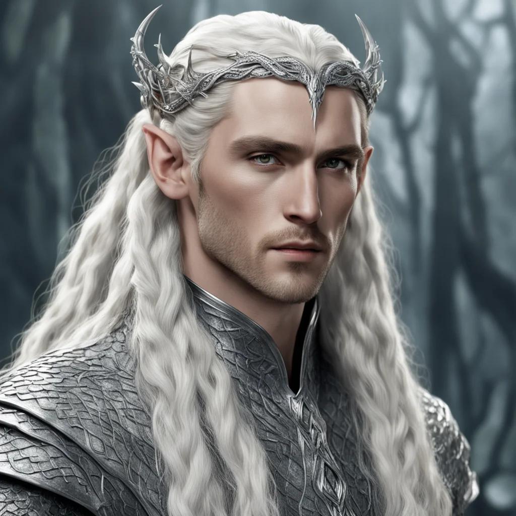 king thranduil with blond hair and braids wearing silver scaly snakes with diamonds intertwined to form silver elvish circlet with large center diamond