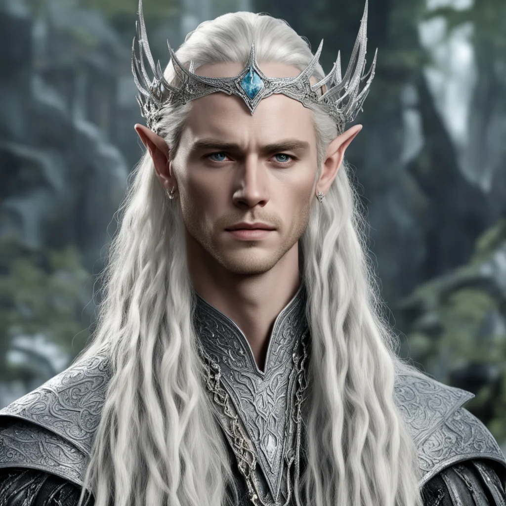 aiking thranduil with blond hair and braids wearing silver serpentine chain elvish circlet encrusted with diamonds with large center diamond amazing awesome portrait 2