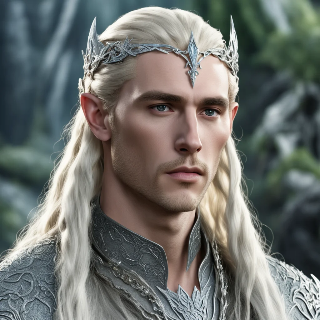 aiking thranduil with blond hair and braids wearing silver serpentine chain elvish circlet encrusted with diamonds with large center diamond confident engaging wow artstation art 3
