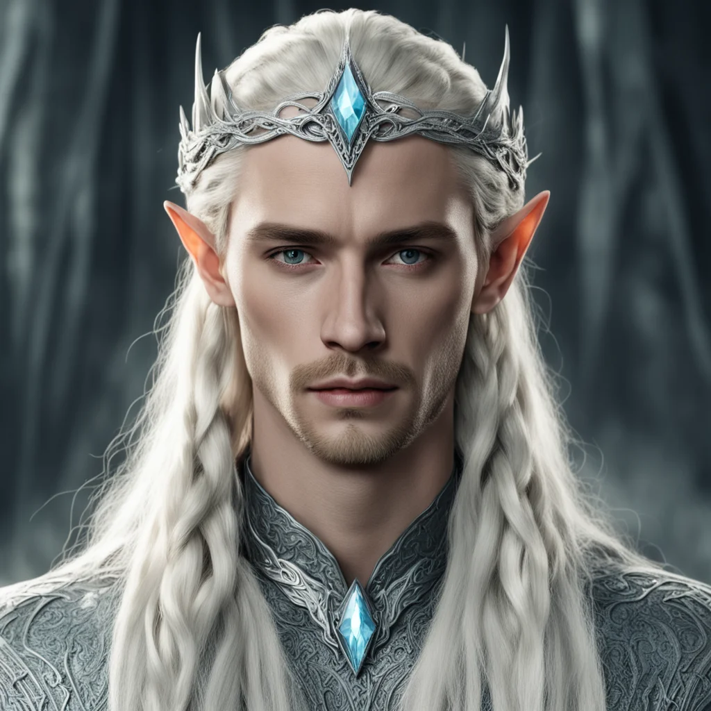 aiking thranduil with blond hair and braids wearing silver serpentine chain elvish circlet encrusted with diamonds with large center diamond good looking trending fantastic 1