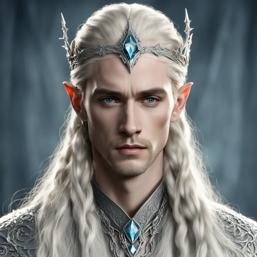 aiking thranduil with blond hair and braids wearing silver serpentine chain elvish circlet encrusted with diamonds with large center diamond