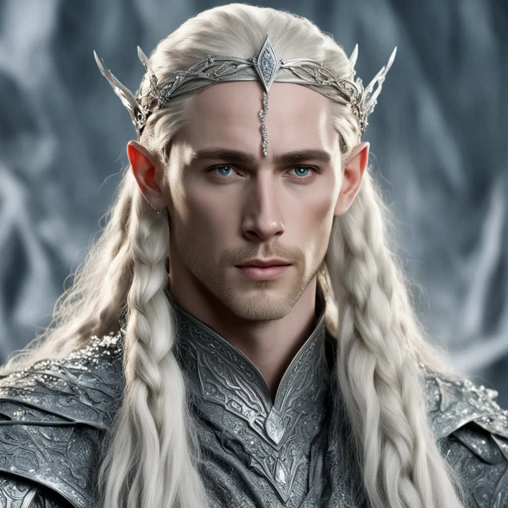 aiking thranduil with blond hair and braids wearing silver serpentine circlet encrusted with diamonds with large center diamond amazing awesome portrait 2
