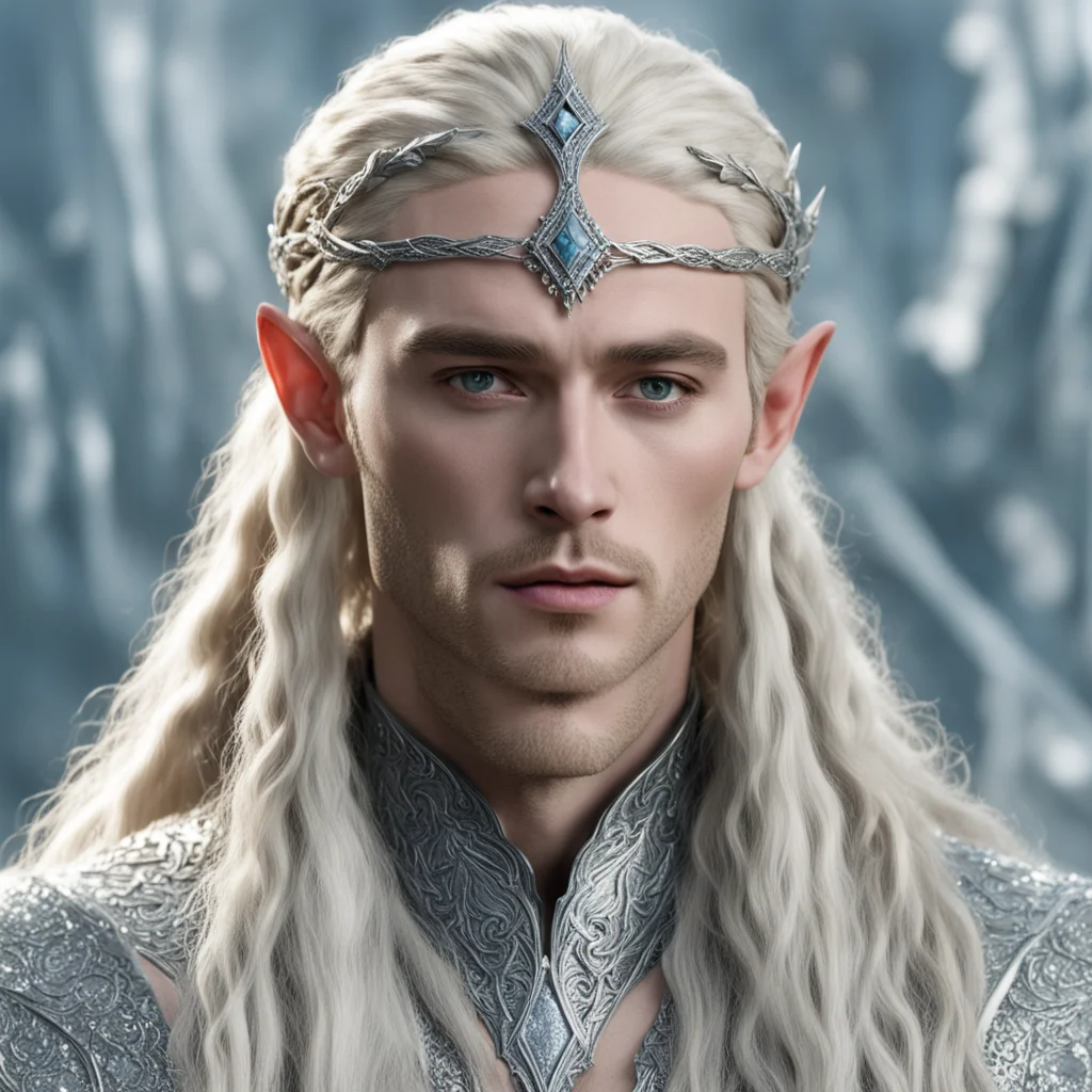 aiking thranduil with blond hair and braids wearing silver serpentine circlet encrusted with diamonds with large center diamond good looking trending fantastic 1