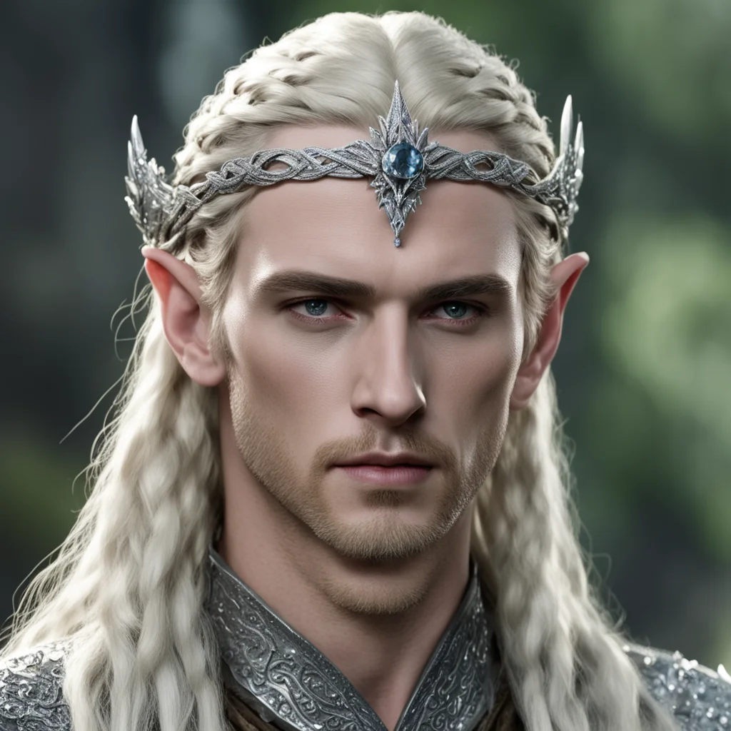 aiking thranduil with blond hair and braids wearing silver serpentine circlet encrusted with diamonds with large center diamond